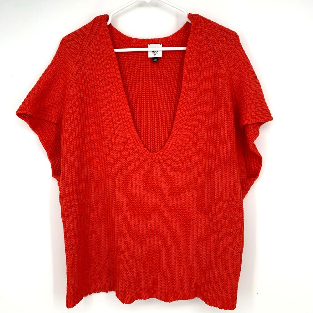 cAbi Ruby Red Knit V-Neck Cotton Acryclic Vest Pullover Top Oversized Size XS